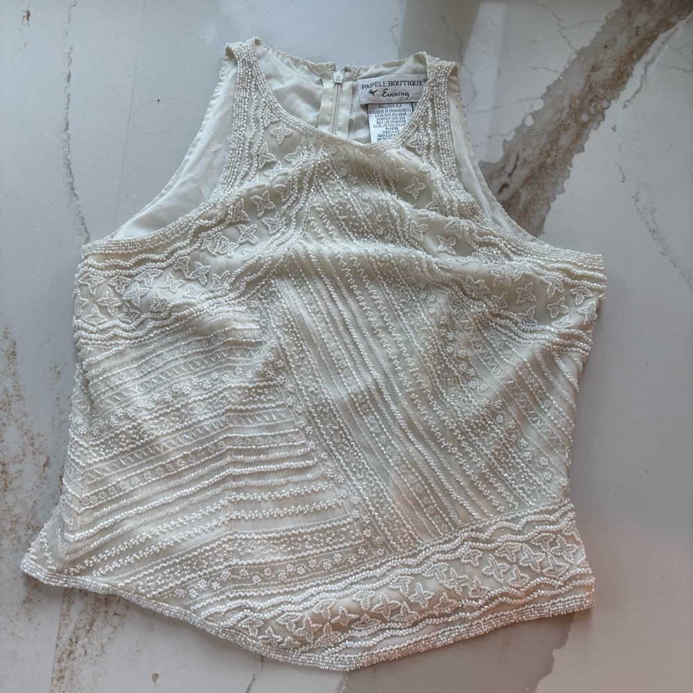 Papell Boutique White Beaded top size S